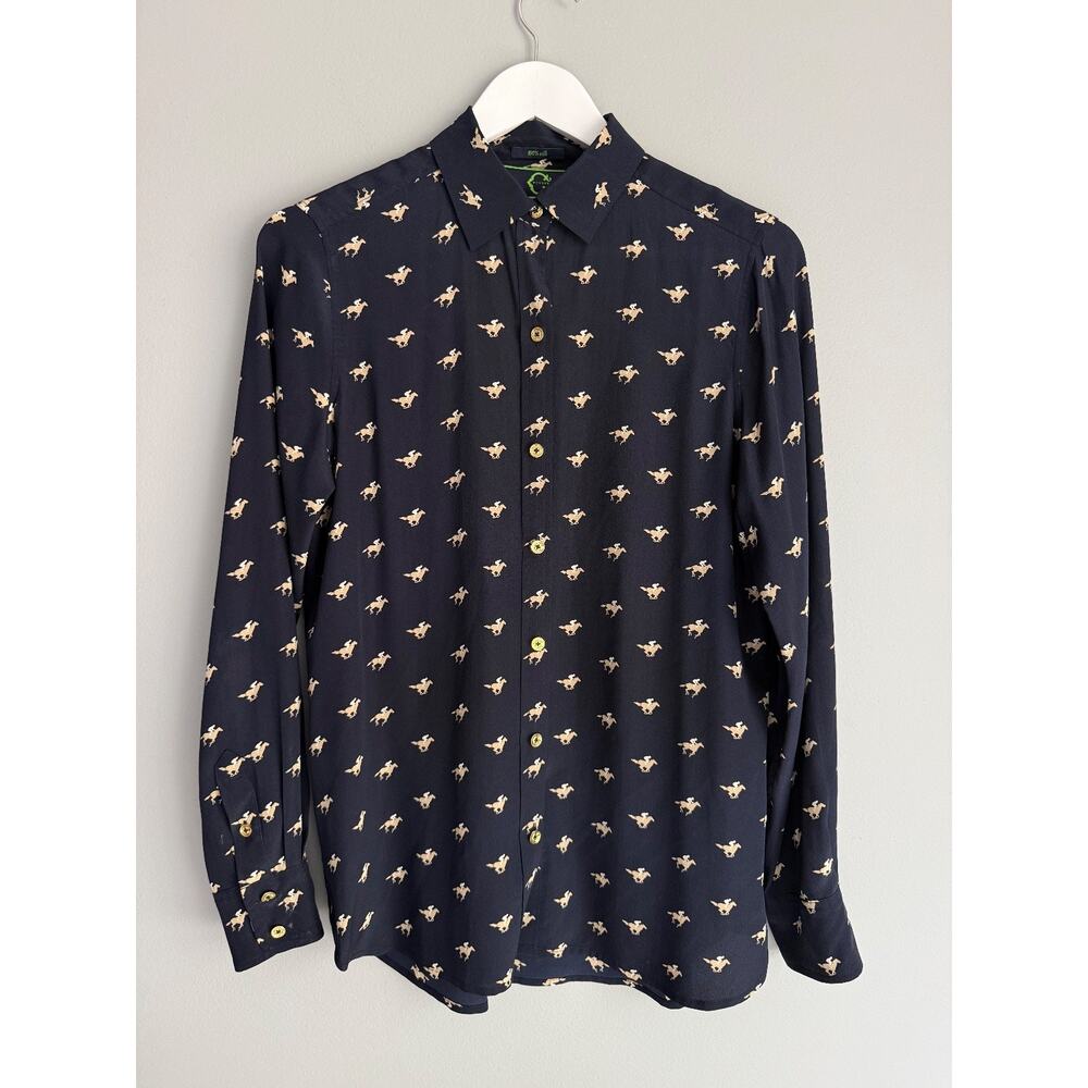 C. Wonder S 100% Silk Navy Blue Horse Jockey Print Button Up Shirt Gold Buttons